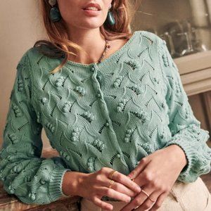 Sezane Marhe Jumper in Almond Green Textured Open Knit Cardigan Sweater